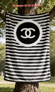 Chanel Black White Stripe CC Logo Flannel Throw Blanket IMG_6646